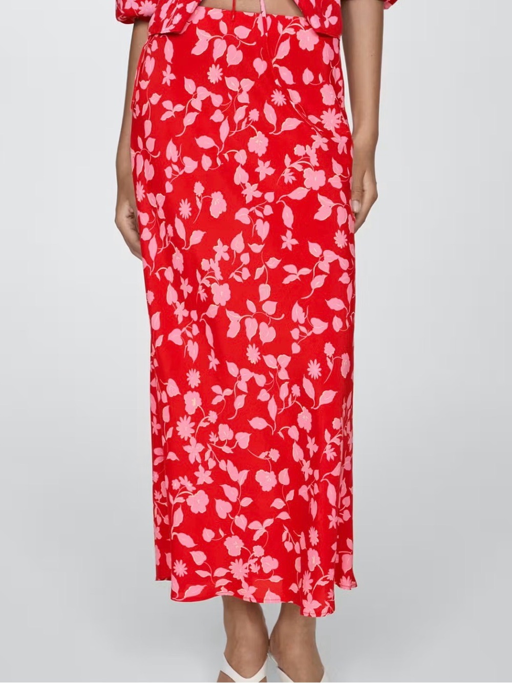 Mango Red Midi Skirt with Pink Floral Print